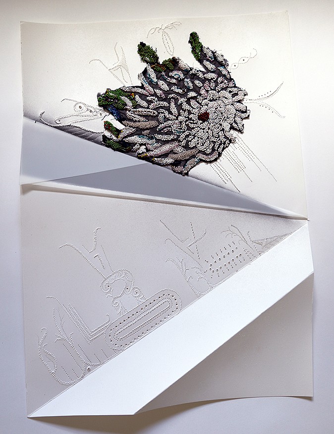 ROSEMARIE CHIARLONE, Native Fauna/Flora, 2023
Folded and perforated paper, aerosol paint, beaded applique, thread, archival film framed in shadow boxes, 23 1/4 x 17 1/2 in. (59 x 44.5 cm)
CR-C0001