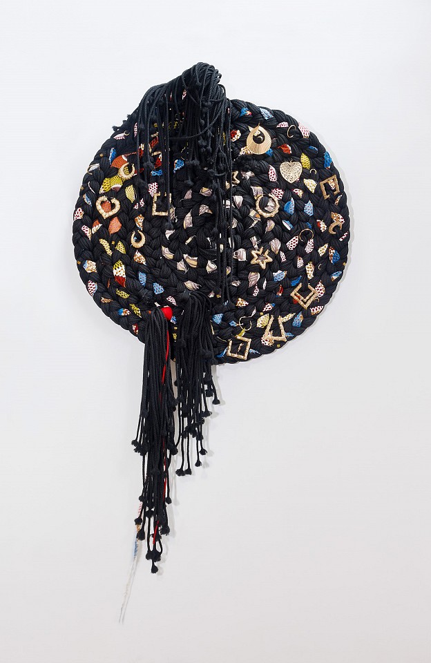 VANTABLACK, Helen, 2024
Yarn, fabric, metal earrings, mounted on wood
V-C-0001